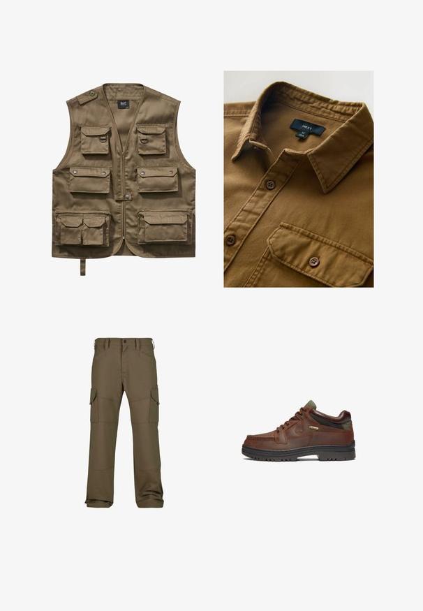 Khaki úžitková vesta vyrobená z odolného materiálu, s viacerými prednými vreckami s chlopňami, zipsovým uzáverom a nastaviteľným krčným popruhom.; Hnedá košeľa na gombo vyrobená z textúrovanej látky, s golierom, prednou vreckom a dvoma hnedými gombíkmi. Značka viditeľná vo vnútri goliera.; Cargo nohavice v tmavo olivovej farbe, s viacerými vreckami, spevneným stehom, rovnou siluetou a hladkým textúrovaným materiálom.; Hnedá kožená topánka s klasickým dizajnom, ktorá má šnurovanie, zelené akcenty a odolnú čiernu gumenú podrážku. Viditeľná značka GORE-TEX®.