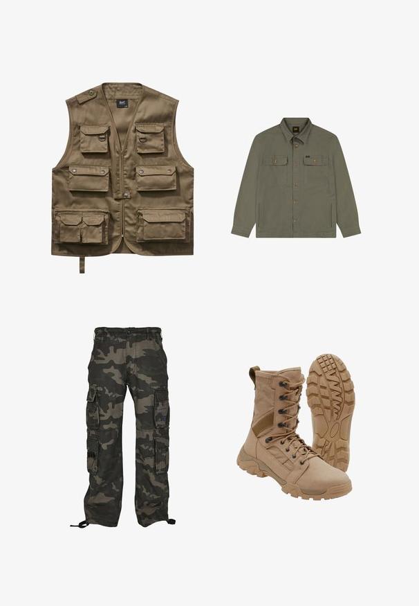 Khaki úžitková vesta vyrobená z odolného materiálu, s viacerými prednými vreckami s chlopňami, zipsovým uzáverom a nastaviteľným krčným popruhom.; Olivovo zelená košeľa so zapínaním na gombíky, dvomi náprsnými vreckami s klopami, dvomi bočnými vreckami, dlhými rukávmi a golierom.; Maskovacie cargo nohavice v tmavozelenej a šedej farbe, s viacerými bočnými vreckami, gombíkovým zapínaním a nastaviteľnými šnúrkami na členkoch.; Hnedá taktická čižma so šnurovaním po členok a robustnou gumovou podrážkou, jedna čižma stojí vzpriamene a druhá ukazuje vzor na podrážke.
