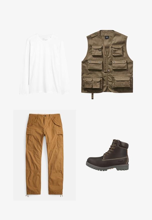 Khaki utility vest gemaakt van duurzaam materiaal, met meerdere voorzakken met flappen, een ritsluiting en een verstelbare nekriem.; Witte longsleeve t-shirt van katoen. Kenmerkt zich door een ronde hals, een slim fit en zijsplitten aan de onderkant. Eenvoudig ontwerp zonder patronen.; Beige cargobroek van katoen, met meerdere zakken, een losse pasvorm en trekkoordzomen voor verstelbare lengte.; Bruine leren enkellaars met grijze rubberen zool, verstevigde neus, gestikte accenten en metalen veterogen. Zijkant met zichtbaar merkembleem.