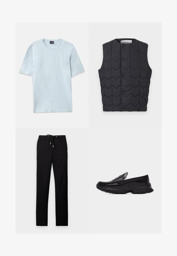 Schwarze, ärmellose, gesteppte Weste mit Druckknopfverschluss und Chevron-Steppmuster, innen am Kragen mit Maison Kitsuné etikettiert.; Himmelblaues Baumwoll-T-Shirt mit einem Rundhalsausschnitt und kurzen Ärmeln. Der Stoff hat eine glatte Textur und ein legeres Schnittdesign.; Schwarze Hosen aus leichtem Stoff, ausgestattet mit einem elastischen Bund mit Kordelzug, geraden Beinen und Seitentaschen.; Schwarzer glänzender Slipper mit dicker, strukturierter Sohle und gesteppten Details, Seitenansicht vor schlichtem hellgrauem Hintergrund.
