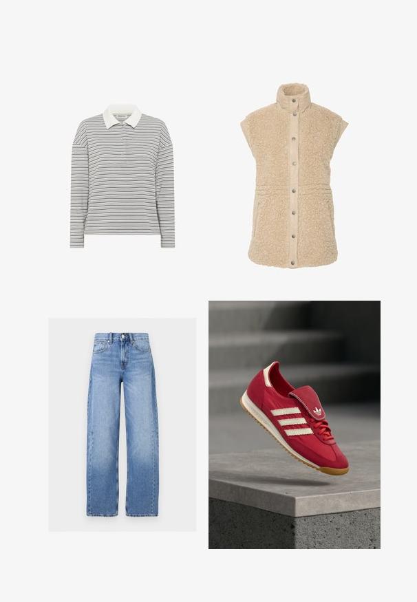 Béžová bezrůvná vesta vyrobená z nadýchaného, texturovaného fleecu s polstrovaným límcem a zapínáním na cvočky, obsahuje dvě boční kapsy.; My Essential Wardrobe MWKLARA - Polokošeľa - peal blue striped; Džínsové nohavice s vysokým pásom svetlomodrej farby s širokými nohavicami, zapínanie na gombíky a zips vpredu, pútkami na opasok a štýlom s piatimi vreckami.; Červená športová obuv s hornou časťou z brúseného semišu a textilu, bielym dizajnom so znakmi na troch prúžkoch, polstrovaným jazykom a podrážkou z prírodnej gumy. Plávajúca na betónovom povrchu.