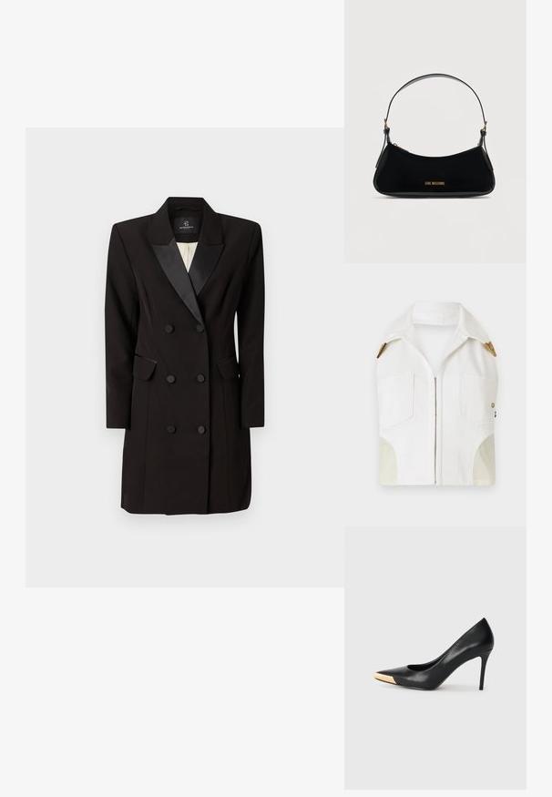 Hvid ærmeløs jakke med spidse kraver, guldfarvet hardware, to forlommer og et kontrasterende beige panel i siderne.; Dobbeltbreasted sort blazer kjole lavet af glat stof, med satin klap, to klaplommer og seks frontknapper.; Sort læder stiletter med spids tå; har et metalisk guldakcent på tåkapperne. Glat overflade med et strømlinet design.; Sort skuldertaske i laklæder med buet form, guld "LOVE MOSCHINO" logo på forsiden og justerbar rem med gulddetaljer.