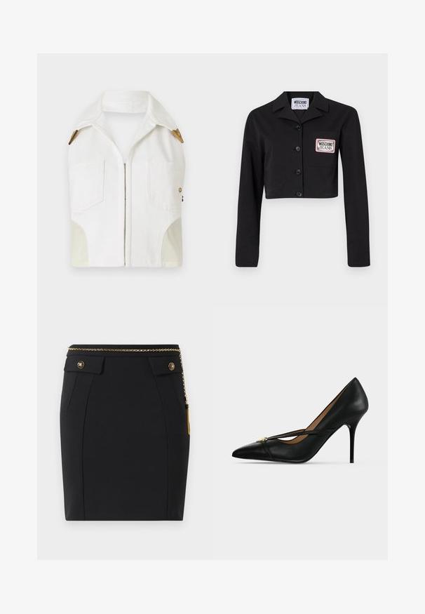 Chaleco sin mangas blanco con collar en punta, herrajes en tono dorado, dos bolsillos frontales y un panel beige en contraste en los laterales.; Chaqueta negra corta hecha de una tela suave, con cierre de botones, cuello puntiagudo y un bolsillo en el pecho con un parche de logo en blanco y rosa.; Falda negra ajustada con bolsillos delanteros con solapa, botones decorativos en dorado y un cinturón delgado de cadena dorada con un borlas en el lado derecho.; Zapato de tacón alto de cuero negro con punta afilada y una delgada correa en la parte superior asegurada con una pequeña hebilla dorada sobre un fondo liso.