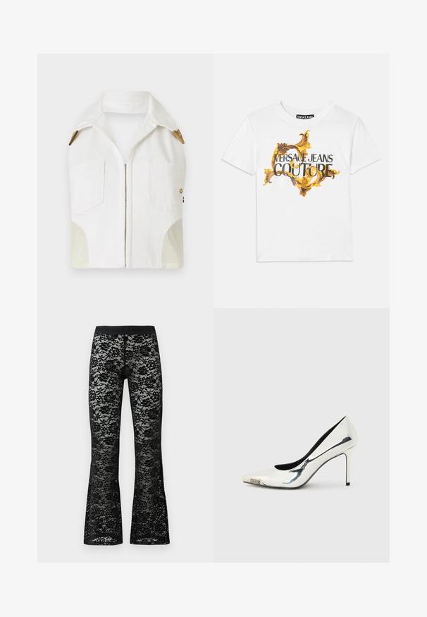 Hvid ærmeløs jakke med spidse kraver, guldfarvet hardware, to forlommer og et kontrasterende beige panel i siderne.; Hvid bomulds t-shirt med et guld- og brun barokmønster, hvor "VERSACE JEANS COUTURE" er fremtrædende i sort skrift.; Sorte blonde flared bukser med blomstermønster, elastisk sort talje, gennemsigtig tekstur og en tætsiddende silhuet.; Sølvmetallic spids tå højhælede pumpe med tynd stilethælhæl og "Versace Jeans Couture"-logo på tåspidsen.