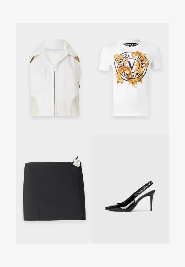 Witte mouwloze jas met een puntige kraag, gouden hardware, twee voorkruiszakken en een contrasterend beige paneel aan de zijkanten.; Witte korte mouwen T-shirt met een zwart circulair "Versace Jeans Couture" logo en sierlijke gouden barokke krullen aan de voorkant.; Zwarte rok met een slank ontwerp, rechte vorm en een gladde textuur. Inclusief een witte accenten met hardwaredetail aan de zijkant.; Zwarte patenten leren slingback hak met een puntige neus, met een uitsnijding en een elastische band met het merknamen erop.