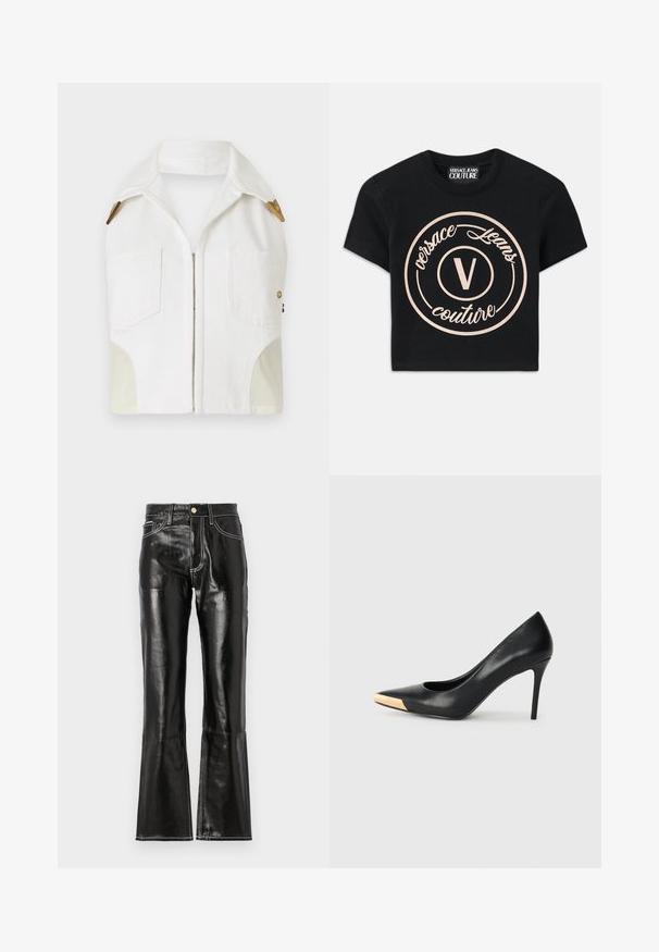 Veste sans manches blanche avec un col pointu, des accessoires en ton or, deux poches avant et un panneau beige contrastant sur les côtés.; T-shirt en coton noir avec un grand logo circulaire beige comprenant "Versace Jeans Couture" et un "V" central dans une police élégante. Manches courtes.; Pantalon noir taille haute évasé en matériau brillant avec des coutures blanches contrastantes et une fermeture éclair à l'avant. Comprend deux poches avant.; Pompe à talon haut en cuir noir avec bout pointu ; présente une accentuation métallique dorée sur le capuchon. Surface lisse avec un design épuré.