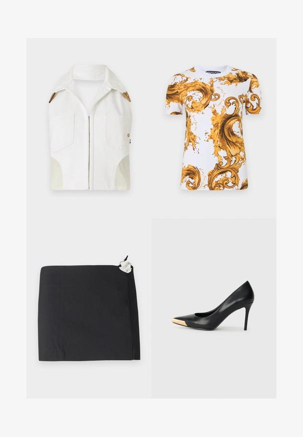 Witte mouwloze jas met een puntige kraag, gouden hardware, twee voorkruiszakken en een contrasterend beige paneel aan de zijkanten.; Wit Versace Jeans T-shirt met korte mouwen en sierlijke gouden en bruine barokke krul- en spattenpatronen.; Zwarte rok met een slank ontwerp, rechte vorm en een gladde textuur. Inclusief een witte accenten met hardwaredetail aan de zijkant.; Zwarte leren hoge hak pump met een spitse neus; heeft een metallic gouden accent op de neuskap. Glad oppervlak met een stijlvolle vormgeving.