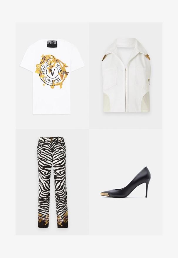 Chaleco sin mangas blanco con collar en punta, herrajes en tono dorado, dos bolsillos frontales y un panel beige en contraste en los laterales.; Camiseta blanca de algodón con un gráfico redondo que presenta motivos en negro y dorado, incluyendo un logo circular y elementos decorativos.; Pantalones de estampado de cebra en blanco y negro, con un bordado floral decorativo en el dobladillo y un cinturón con acentos dorados y hebilla.; Zapato de tacón alto de cuero negro con punta puntiaguda, punta metálica dorada grabada con "Versace Jeans Couture", mostrado de lado sobre fondo blanco.