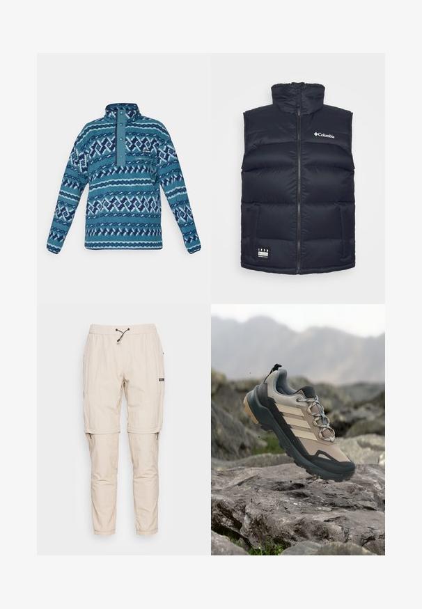Zwarte puffer vest met hoge kraag, opvallende stiksels, twee ritszakken, Columbia-logo op de borst en een genaaide label onderaan.; Blauwe fleece pullover met doorgestikt patroon, drukknoopsluiting, ritssluiting op de borstzak en lange mouwen, geschikt voor koud weer.; Beige, lichte joggingsbroek van gladde stof, met een elastische tailleband, een verstelbaar trekkoord en ritszakken aan de zijkant.; Beige en grijze wandelschoen met zwarte zool en strepen, zwevend boven rotsachtig terrein met een wazige bergachtige achtergrond.