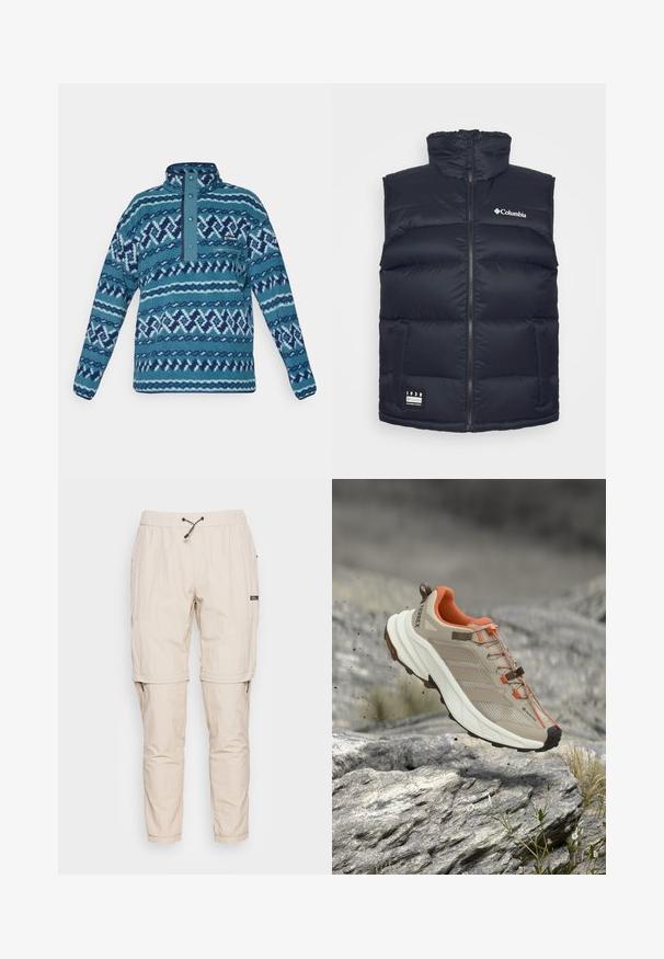 Doudoune noire sans manches avec col montant, couture marquée, deux poches zippées, logo Columbia sur la poitrine et étiquette cousue en bas.; Pull en polaire bleu à motifs avec patte à boutons-pression, poche poitrine zippée et manches longues, adapté aux temps froids.; Pantalons de jogging légers de couleur beige, en tissu lisse, avec une taille élastique, un cordon de serrage réglable et des poches latérales zippées.; Chaussure de randonnée beige et orange avec semelle épaisse, étiquette GORE-TEX et marque "TERREX", montrée au-dessus d'un terrain rocheux.
