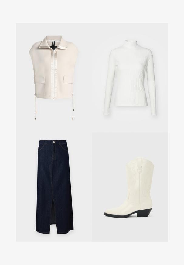 Chaleco beige sin mangas con cremallera, cuello, dos bolsillos delanteros con solapa y cordones ajustables en el dobladillo.; Top de cuello alto blanco con canalé y mangas largas, fabricado en una tela elástica. Presenta un diseño ajustado y un escote alto para mayor cobertura.; Falda maxi de mezclilla oscura con una abertura frontal, que cuenta con cinco bolsillos, un cierre de cremallera y detalles de costura en contraste.; Bota blanca de estilo occidental hasta la mitad de la pantorrilla, con punta puntiaguda, tacón apilado negro, costuras decorativas y tira para tirar en el eje.