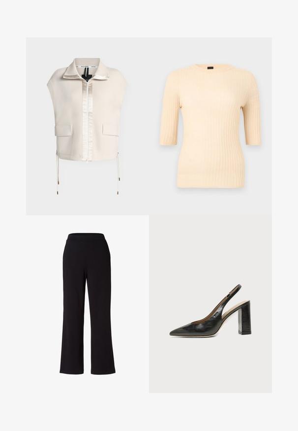 Chaleco beige sin mangas con cremallera, cuello, dos bolsillos delanteros con solapa y cordones ajustables en el dobladillo.; Top de manga corta acanalado en beige claro. Hecho de material suave con una forma ajustada. Cuello redondo simple y textura lisa.; Pantalones negros de pierna ancha hechos de una tela suave y elástica. Cuentan con una cinturilla elástica para mayor comodidad. Diseño simple, sin patrones ni adornos.; Zapato slingback de piel negra con puntera puntiaguda, tacón alto y ancho, y forro interior beige sobre un fondo claro y liso.