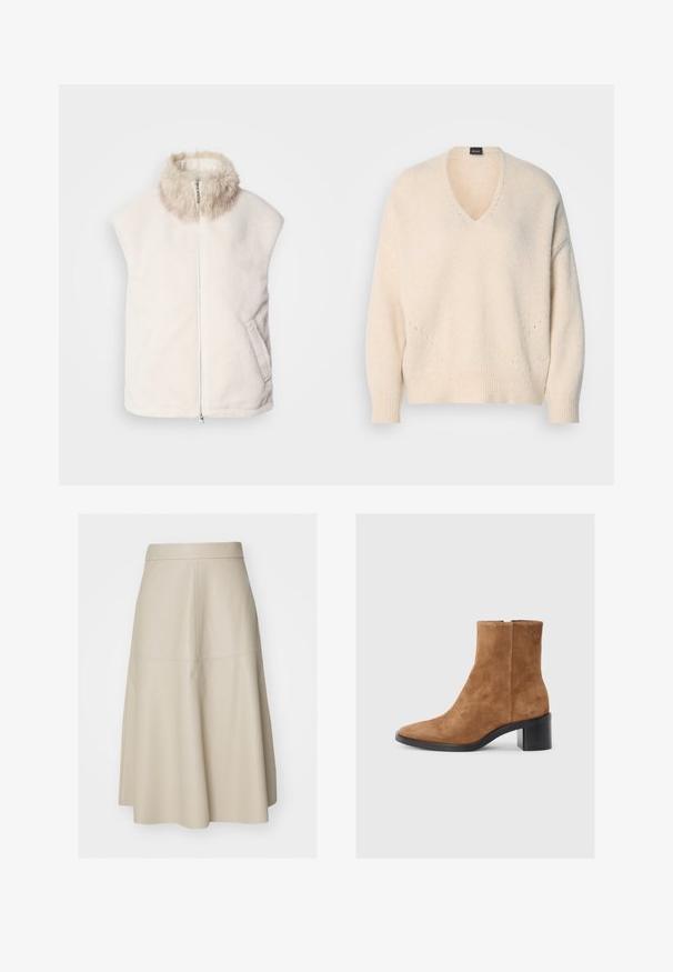 Gilet sans manches en polaire crème avec fermeture éclair à l'avant et un col beige doux et duveteux, comportant des poches latérales.; Pull à col en V et manches longues en maille douce couleur crème. Présente des poignets et un ourlet côtelés, avec un subtil détail en point ajouré à l'avant.; Jupe midi beige en A avec coutures visibles et taille ajustée, réalisée en matériau lisse imitation cuir.; Bottine en suede marron avec un bout pointu, un talon moyen rectangulaire et un discret logo en relief. Fermeture éclair sur le côté.