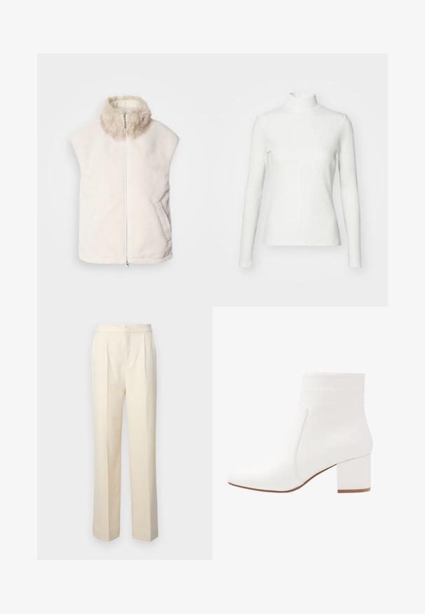 Mouwloze crème fleece vest met voorrits en een zachte, pluizige beige kraag, voorzien van zijzakken.; Witte geribbelde coltrui met lange mouwen, gemaakt van rekbare stof. Heeft een getailleerd ontwerp en een hoge halslijn voor bedekking.; Op maat gemaakte crèmekleurige broeken met een rechte pijp, voorzien van voorplooien en een gladde afwerking. De tailleband is plat en zonder versieringen.; Witte enkellaarzen met een gladde afwerking, vierkante neus en een blokhak van gemiddelde hoogte. Naaddetails benadrukken het minimalistische ontwerp.