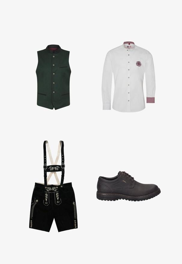 Gilet sans manches vert foncé avec bordure noire, cinq boutons argentés sur le devant et trois poches bordées de noir sur fond blanc.; Chemise blanche à manches longues avec un col mandarin, ornée de boutons argentés et d'un logo brodé bordeaux. Les poignets présentent un motif à carreaux rouge et blanc.; Lederhosen en suede noire avec des motifs floraux brodés, des bretelles réglables, des boutons en argent et des poches latérales. Accents en fil argenté.; Josef Seibel Derbies - moro