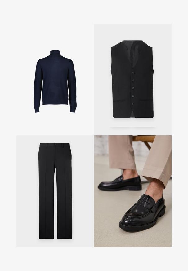 Chaleco negro con una textura suave, que presenta seis botones, dos bolsillos laterales y un diseño de escote en V. Sin mangas y con una silueta limpia.; Suéter de cuello alto en azul marino, hecho de una suave tela de punto. Presenta mangas largas y un cuello y dobladillo acanalados. No hay patrones ni acentos visibles.; Pantalones negros a medida con corte recto, tejido suave, pliegues frontales y un cierre de botón en la cintura.; Mocasines de cuero negro con un acabado suave, que cuentan con una correa decorativa y costuras en contraste, combinados con pantalones beiges.