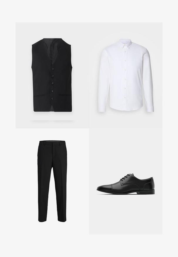 Gilet noir avec une texture lisse, doté de six boutons, de deux poches latérales et d'un design en V. Sans manches et avec une silhouette épurée.; Chemise blanche à manches longues avec boutons, fabriquée dans un tissu lisse, dotée d'un col classique, de huit boutons sur le devant et de poignets standards.; Pantalons noirs en tissu lisse, présentant une coupe droite, des passants de ceinture et un devant plat sans motifs ni embellissements visibles.; Chaussure habillée en cuir noir avec un bout arrondi, texture lisse, six œillets et une semelle noire basse. Présente une couture discrète sur le bout.