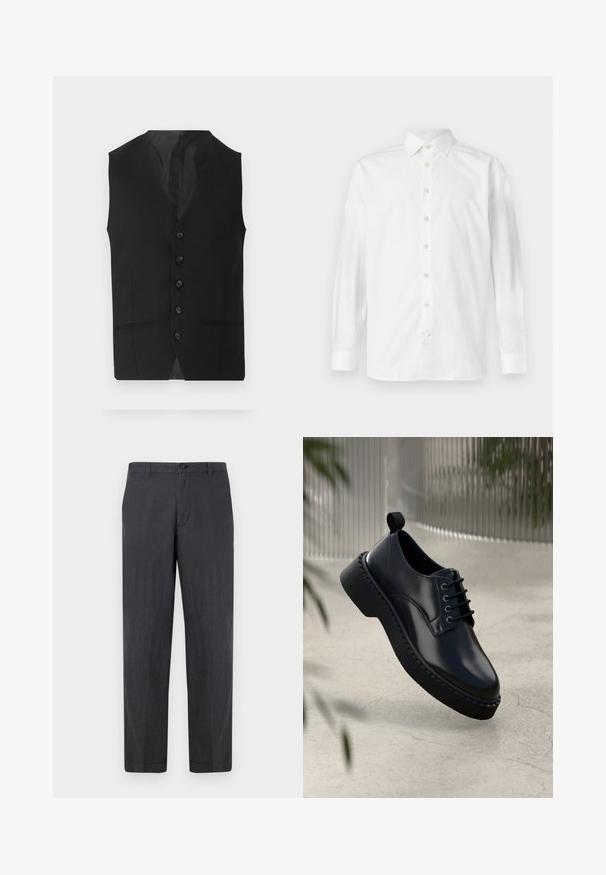 Chaleco negro con una textura suave, que presenta seis botones, dos bolsillos laterales y un diseño de escote en V. Sin mangas y con una silueta limpia.; Camisa de vestir blanca de manga larga con botones, cuello abierto y puños abotonados, mostrada sobre un fondo blanco liso.; Pantalones rectos de color gris oscuro, fabricados en un tejido ligero. Cuentan con un cierre de botón y un frente plano sin bolsillos visibles. Textura suave.; Zapato de piel negra con punta redondeada, diseño con cordones y suela de goma gruesa con un borde texturizado. Acabado elegante y hardware minimalista.