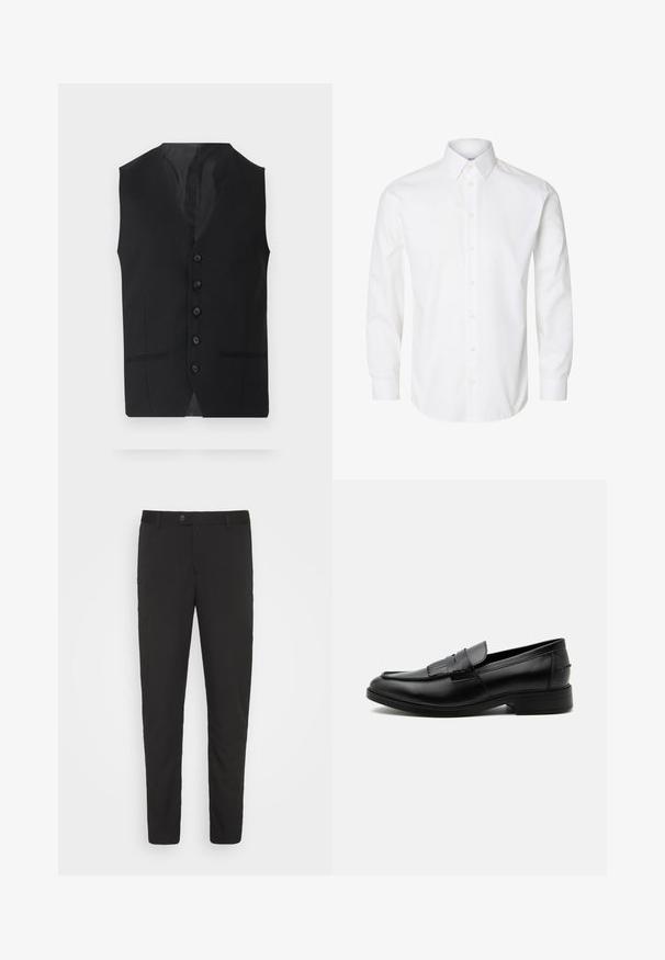 Gilet noir avec une texture lisse, doté de six boutons, de deux poches latérales et d'un design en V. Sans manches et avec une silhouette épurée.; Chemise blanche à manches longues avec boutons, col pointu, boutons visibles sur le devant et poignets fermés par des boutons.; Pantalons noirs taillés avec une coupe droite, poches avant et fermeture à bouton. Fabriqués en tissu lisse avec un léger éclat.; Mocassin homme en cuir noir avec détail pompon, bout arrondi, talon bas et finition polie lisse, montré de profil sur fond blanc.