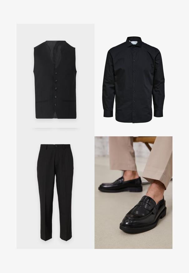 Chaleco negro con una textura suave, que presenta seis botones, dos bolsillos laterales y un diseño de escote en V. Sin mangas y con una silueta limpia.; Camisa de hombre negra de manga larga con botones delanteros y cuello clásico, hecha de tela lisa.; Pantalones negros de tela suave, con un diseño de pierna recta, bolsillos delanteros, un cierre de botón y sin patrones visibles.; Mocasines de cuero negro con un acabado suave, que cuentan con una correa decorativa y costuras en contraste, combinados con pantalones beiges.