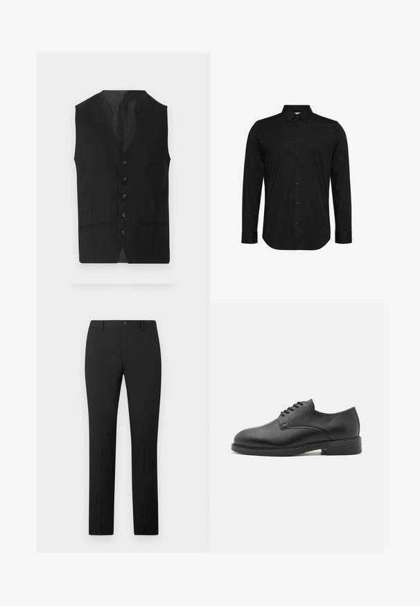 Chaleco negro con una textura suave, que presenta seis botones, dos bolsillos laterales y un diseño de escote en V. Sin mangas y con una silueta limpia.; Camisa negra de manga larga hecha de tela suave, con un cuello puntiagudo, cierre frontal con botones y un pequeño logo en el pecho.; Pantalones negros a medida con diseño de pierna recta, con cierre de botón y trabillas para cinturón. Hechos de tela suave sin patrones visibles.; Zapato oxford de cuero negro con punta redonda, que presenta un acabado suave, cierre de cordones con cinco ojales y un tacón bajo apilado.