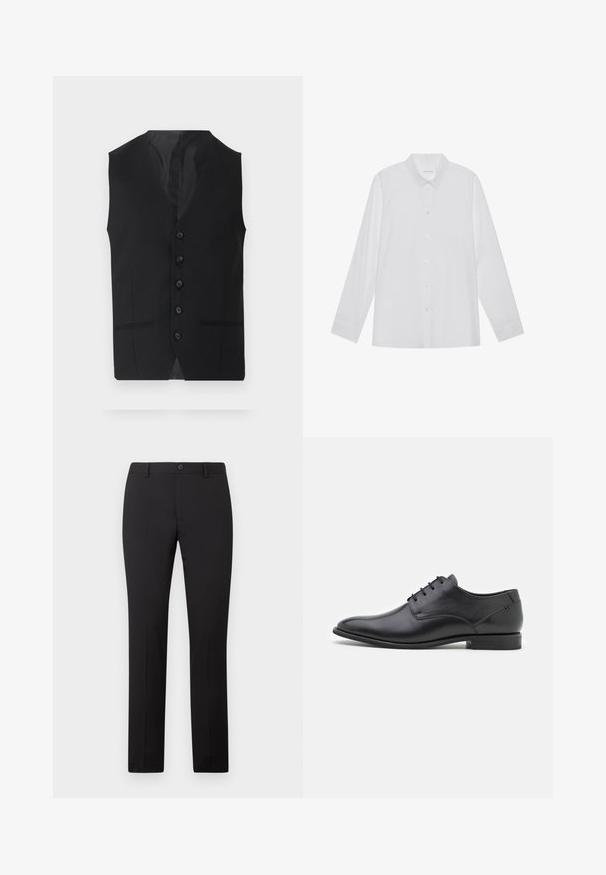 Gilet noir avec une texture lisse, doté de six boutons, de deux poches latérales et d'un design en V. Sans manches et avec une silhouette épurée.; Chemise blanche à manches longues en tissu lisse, dotée d'un col pointu, d'une fermeture à boutons sur le devant et de poignets à un bouton.; Pantalon noir sur mesure avec une coupe droite, doté d'une fermeture à bouton et de passants pour ceinture. Confectionné dans un tissu lisse sans motifs apparents.; Chaussure habillée en cuir noir avec une texture lisse, nez pointu, petit talon et six œillets pour le laçage. Design simple sans embellissements.