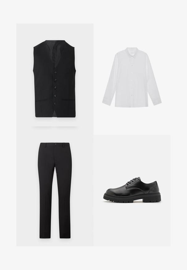 Chaleco negro con una textura suave, que presenta seis botones, dos bolsillos laterales y un diseño de escote en V. Sin mangas y con una silueta limpia.; Camisa blanca de manga larga hecha de tela suave, con cuello puntiagudo, cierre frontal de botones y puños de un solo botón.; Pantalones negros a medida con diseño de pierna recta, con cierre de botón y trabillas para cinturón. Hechos de tela suave sin patrones visibles.; Zapatos de cuero negro con punta redondeada, diseño con cordones y una suela de goma gruesa y texturizada. Presentan costuras a lo largo del borde y un acabado suave.