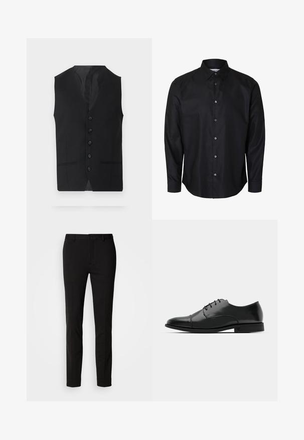 Gilet noir avec une texture lisse, doté de six boutons, de deux poches latérales et d'un design en V. Sans manches et avec une silhouette épurée.; Chemise noire pour homme à manches longues avec col classique et sept boutons sur le devant, présentée sur fond blanc.; Pantalon noir à coupe ajustée, avec une fermeture à bouton et des passants de ceinture. Fabriqué en tissu lisse avec un léger éclat, sans motifs visibles.; Chaussure habillée noire en cuir avec un bout rond, un laçage, des détails de couture subtils et un petit talon. Texture lisse avec une finition polie.