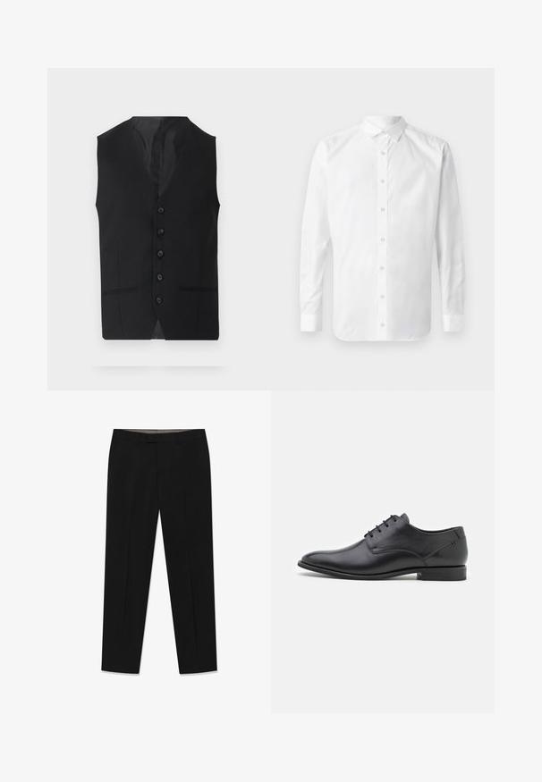 Sort vest med en glat tekstur, der har seks knapper, to sidelommer og en V-udskæring. Uden ærmer og med en ren silhuet.; Hvid langærmet skjorte med knapper, klassisk krave, frontplacket med knapper og en glat bomuldsstruktur.; Sorte bukser lavet af glat stof, med flad front, to sidelommer og en tilpasset pasform med let tilspidsning ved anklerne.; Sorte læderdressko med en glat tekstur, spids tå, lav hæl og seks snørrehuller. Simpelt design uden udsmykninger.