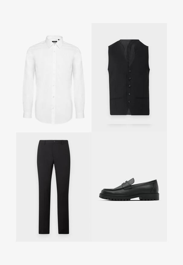 Gilet noir avec une texture lisse, doté de six boutons, de deux poches latérales et d'un design en V. Sans manches et avec une silhouette épurée.; Chemise blanche à manches longues en tissu tissé, avec un col à rabat, une patte de boutonnage à l'avant et des manches avec boutons. Design minimal.; Pantalon noir sur mesure avec une coupe droite, doté d'une fermeture à bouton et de passants pour ceinture. Confectionné dans un tissu lisse sans motifs apparents.; Mocassins en cuir noir à bout arrondi, avec un design cousu, une semelle plateforme basse et une semelle en caoutchouc texturée et crantée.