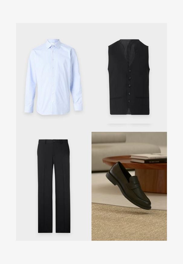 Chaleco negro con una textura suave, que presenta seis botones, dos bolsillos laterales y un diseño de escote en V. Sin mangas y con una silueta limpia.; Camisa de manga larga a rayas azul claro y blanca con cuello clásico, cierre de botones en la parte delantera y puños, hecha de una tela suave.; Pantalones negros a medida con corte recto, tejido suave, pliegues frontales y un cierre de botón en la cintura.; Zapato mocasín de cuero negro mostrado en el aire sobre una alfombra beige tejida, con una mesa de madera y libros apilados en una sala de estar con luz suave.