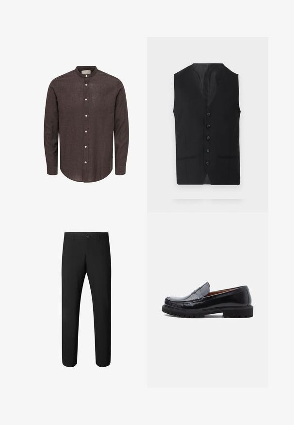 Gilet noir avec une texture lisse, doté de six boutons, de deux poches latérales et d'un design en V. Sans manches et avec une silhouette épurée.; Chemise en lin marron foncé à manches longues avec col mao et boutons blancs sur le devant.; Pantalon noir slim avec fermeture à bouton et passants, conçu pour une tenue formelle ou de bureau.; Mocassin penny en cuir noir avec semelle en caoutchouc épaisse et couture moc toe, montré de profil sur un fond blanc.