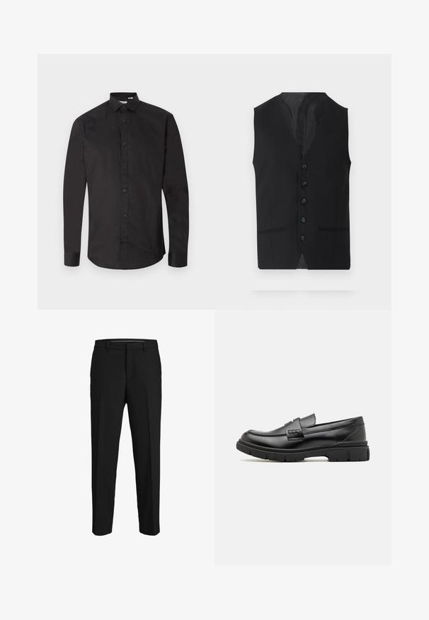 Gilet noir avec une texture lisse, doté de six boutons, de deux poches latérales et d'un design en V. Sans manches et avec une silhouette épurée.; Chemise noire à manches longues en coton lisse, avec une fermeture à boutons sur le devant, un col classique et un ourlet arrondi. Design simple, sans motifs.; Pantalons noirs en tissu lisse, présentant une coupe droite, des passants de ceinture et un devant plat sans motifs ni embellissements visibles.; Mocassin en cuir noir avec une large sangle sur le devant, semelle en caoutchouc à épaisse rainure, et texture lisse. Design classique et élégant.