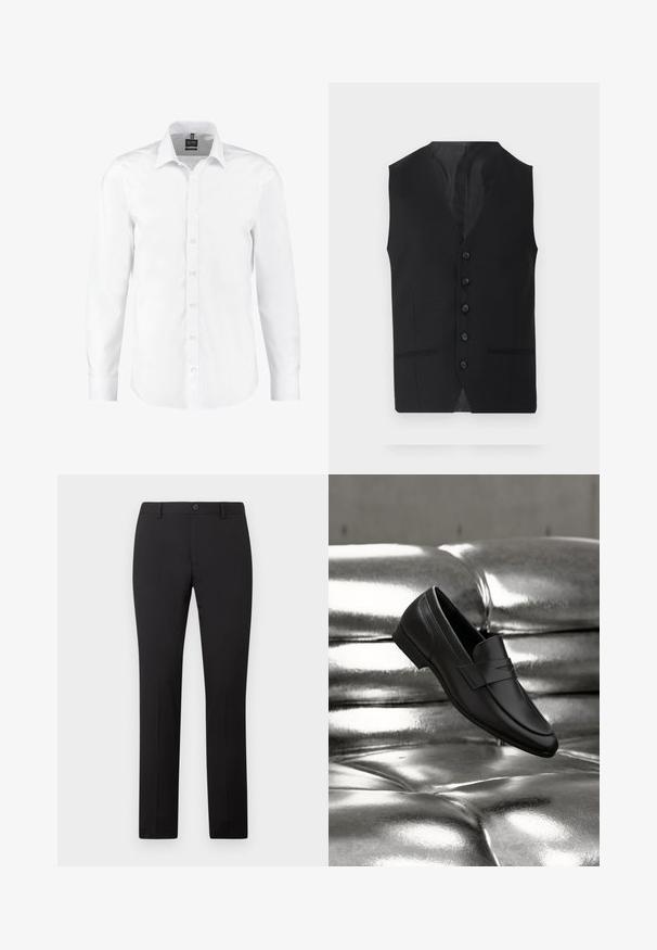 Gilet noir avec une texture lisse, doté de six boutons, de deux poches latérales et d'un design en V. Sans manches et avec une silhouette épurée.; Chemise blanche à manches longues en tissu lisse, dotée d'un col classique, d'une fermeture à boutons sur le devant et de poignets avec un seul bouton. Sans motifs ni accents.; Pantalon noir sur mesure avec une coupe droite, doté d'une fermeture à bouton et de passants pour ceinture. Confectionné dans un tissu lisse sans motifs apparents.; Chaussure mocassin en cuir noir positionnée au-dessus d'un coussin capitonné argenté métallique brillant.