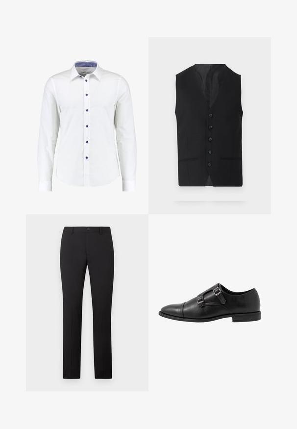 Black vest with a smooth texture, featuring six buttons, two side pockets, and a V-neck design. No sleeves and a clean silhouette.; White long-sleeve shirt with a button-down collar, featuring blue accent buttons and a blue checkered pattern inside the collar.; Black tailored trousers with a straight leg design, featuring a button closure and belt loops. Made from smooth fabric with no visible patterns.; Black leather monk strap shoe with two silver buckles, toe cap design, round toe, and low-profile rubber sole. Smooth texture, sleek silhouette.