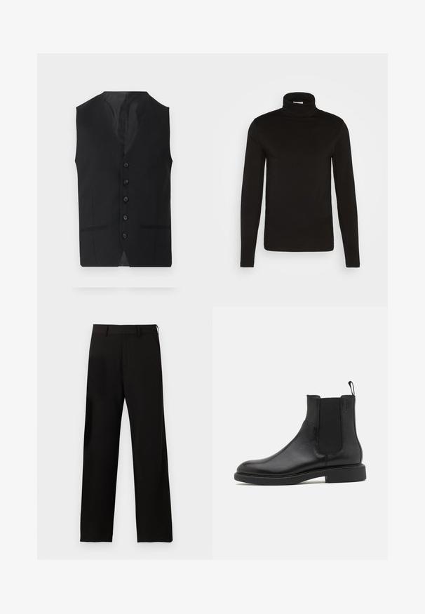 Sort vest med en glat tekstur, der har seks knapper, to sidelommer og en V-udskæring. Uden ærmer og med en ren silhuet.; Sort turtleneck langærmet skjorte lavet af et glat stof med en tætsiddende design og en høj, tætsiddende krave. Ingen mønstre eller accenter synlige.; Sorte bukser med lige ben, bæltestropper og sidelommer på en ensartet hvid baggrund.; Sort læder ankelstøvle med glat overflade, elastiske sidepaneler og en trækstrop. Rund tå og flad gummisål med minimal mønster.