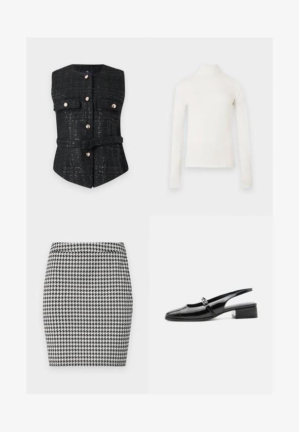 Schwarze Tweedweste mit rundem Ausschnitt, fünf goldenen Knöpfen, zwei Brusttaschen und einem taillierten Design mit Gürtel. Strukturierte Oberfläche mit Glanz.; Langärmliges Rollkragenoberteil in Off-White aus weichem Stoff. Es hat eine figurbetonte Passform und einen hohen Kragen. Glatte Oberfläche ohne Muster.; Schwarzer und weißer Hahnentrittmuster-Rock mit figurnaher Silhouette, glatter Textur und festem Bund. Keine sichtbaren Beschläge oder Akzente.; Schwarzer Slingback-Schuh aus Lackleder mit niedrigem Blockabsatz und dünnem Riemen mit silberner Schnalle oben.