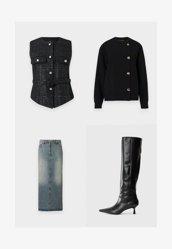 Sort tweedvest med rund hals, lukning med fem guldknapper, to brystlommer og design med bælte i taljen. Tekstureret overflade med glans.; Sort sweatshirt lavet af blødt stof, med en rund halsudskæring, lange ærmer og guldlogo knapper langs fronten.; Denim midi nederdel i lys blåt med en falmet finish. Har en frontlynlås og knaplukning, lige snit og minimale syninger.; Sorte læder knæhøje støvler med spids tå og slank buet hæl. Glat tekstur, tætsiddende design og ingen synlig hardware eller mønstre.