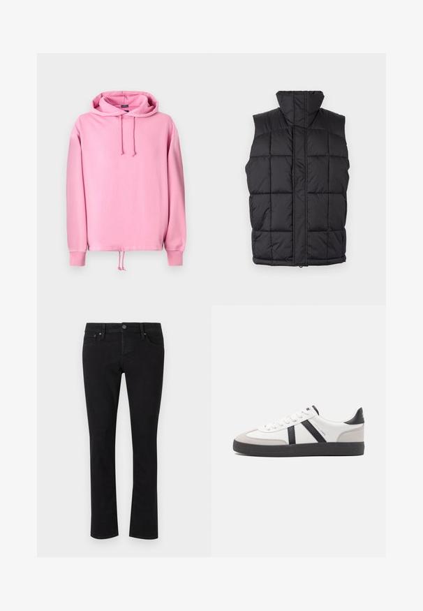 Must värvitu puffer vest kõrge kraega, ühepoolselt tikkimiseks, ees lukuga. Ilma varrukateta, horisontaalselt õmmeldud triipudega soojuse säilitamiseks.; Roosa kapuutsiga pidžaama, millel on pehme kangas, paelaga kapuuts, soonilised mansetid ja allpool pael, millega saab sobivust reguleerida. Sile tekstuur.; Mustad denim teksad sirge lõikega, viie tasku disainiga, metallist nööp sulgemisega ja minimaalse õmblusdetailiga. Ühtlane tekstuur üle kogu.; Valged tossud mustade ja hallide aktsentidega, tekstureeritud halli varbakattega, musta kummitald ja lamedad valged paelad. Puhtad jooned, minimalistlik stiil.