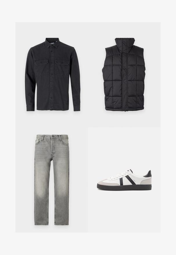 Gilet rembourré noir avec un col haut, texture matelassée et fermeture éclair à l'avant. Sans manches, comportant des lignes cousues horizontalement pour l'isolation.; Chemise à manches longues, de couleur gris foncé, à boutons, en mélange de coton, avec deux poches poitrine et col classique.; Jean en denim gris avec une coupe décontractée, présentant un délavage, un design à cinq poches, une fermeture à bouton et une coupe droite.; Baskets blanches avec des accents noirs et gris, présentant un embout texturé gris, une semelle en caoutchouc noir et des lacets plats blancs. Design épuré, style minimaliste.