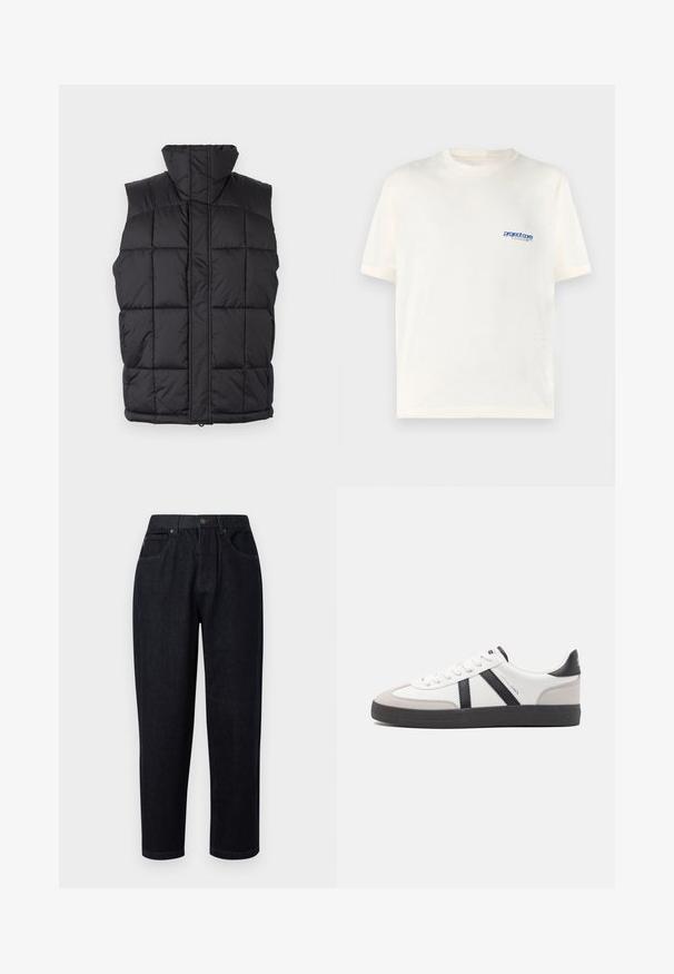 Chaleco negro de plumas con un alto cuello, textura acolchada y cremallera frontal. Sin mangas, con líneas cosidas horizontales para el aislamiento.; Camiseta de manga corta color crema, hecha de algodón suave, con un pequeño logo impreso en azul en la parte izquierda del pecho. Diseño clásico de cuello redondo.; Pantalones de mezclilla azul oscuro de corte relajado, con cierre de botón y cremallera, dos bolsillos frontales y detalles de costura.; Zapatilla blanca con acentos en negro y gris, que presenta una puntera texturizada en gris, suela de goma negra y cordones planos blancos. Diseño limpio, estilo minimalista.