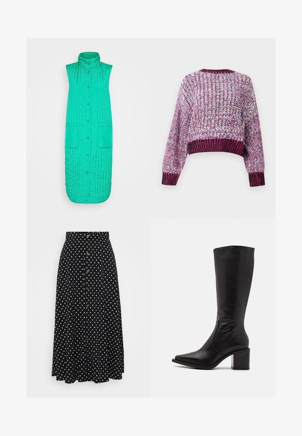 Freequent LAGO WAISTCOAT - Vest - pepper green; Kangastest soe lühikesed varrukad sviiter, millel on mitmevärviline muster roosa, lilla ja valge tooni. Ribbitud kaelus ja varrukate ääred.; Mustade täppidega seelik, kõrge vöökoht, nööpide eesmine kinnitamine, põlve pikkus, valmistatud sileda tekstuuriga ja peene langevusega kangast.; Zign LEATHER - Saapad - black