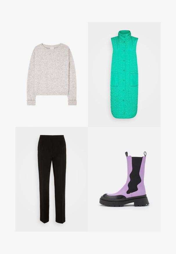 Freequent LAGO WAISTCOAT - Vest - pepper green; Helehall kootud pika varrukaga kampsun, ümar kaelus ning soonikkäiste ja -äärtega, laotatud valgele taustale.; Mustad püksid kohandatud disainiga, sirged jalad, ühe voldiga ja taskudetailidega. Valmistatud siledast, kergest kangast.; NA-KD WAVY ELASTIC BOOTS - Platvormsaapad - black/purple