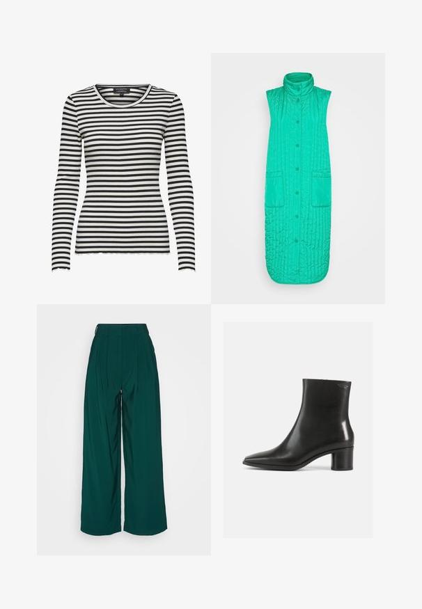 Freequent LAGO WAISTCOAT - Vest - pepper green; Langærmet sort og hvidt vandret stribet ribbet skjorte med rund halsudskæring og bølgede kanter på ærmer og kant.; Bredde bukser i mørkegrønt stof, med høj talje, plisseret front og glat overflade. Ingen synlig hardware eller mønstre.; Sort læderankelstøvle med spids tå og en mellemhøj blokhælk. Glat tekstur og minimalistisk design. Ingen synligt hardware.