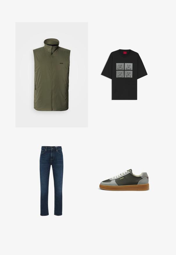 Olivengroene mouwloze bodywarmer met hoge kraag, ritssluiting aan de voorkant en twee ritssluitingszakken aan de zijkanten. Voorzien van het "BOSS"-logo op de borst.; Zwart T-shirt met korte mouwen met vier grijze vierkante patches, elk met een "Road 93" schild en witte "HUGO" tekst.; WE Fashion BLUE RIDGE - Straight leg jeans - dark blue; Low-top sneaker met zwarte en grijze leren bovenkant, witte veters, gumzool en gouden "HUGO"-logo aan de zijkant.