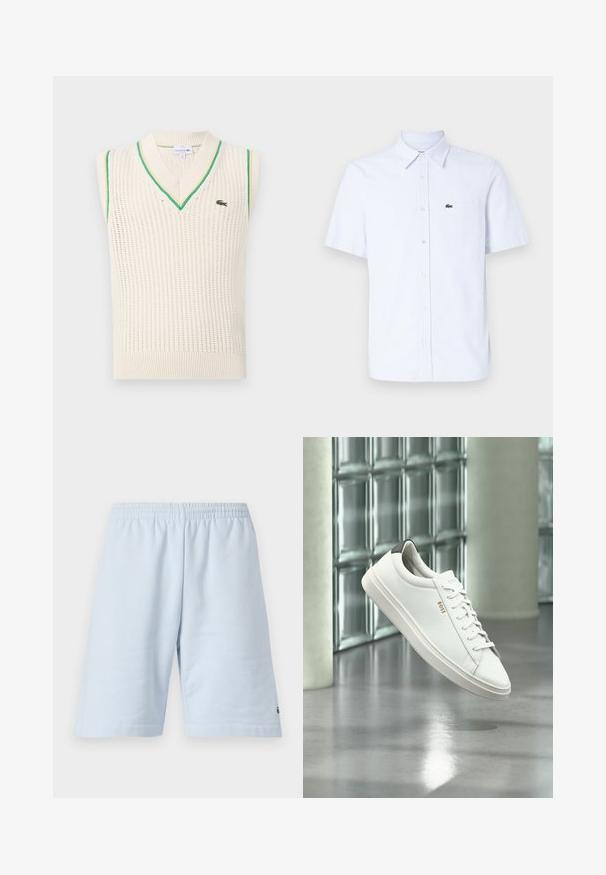 Suéter de punto sin mangas con escote en V en color crema, con detalles en verde a lo largo del escote y las sisas. Presenta una textura transpirable y un detalle de logo.; Camisa de botones de manga corta en azul claro con rayas blancas, que presenta un bolsillo en el pecho y un pequeño logotipo verde en el lado izquierdo.; Pantalones cortos de algodón azul claro con cinturilla elástica. Presenta un diseño simple y sólido con dobladillo abierto. Acento del logo en el dobladillo inferior.; Zapatilla deportiva de piel blanca de corte bajo con cordones, lengüeta negra en el talón y logo "BOSS", flotando en interiores cerca de una pared de bloques de vidrio y suelo pulido.