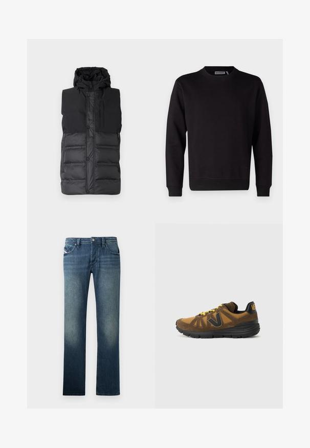 Sort ærmeløs puffervest med hætte, der har en glat øverste sektion, quiltet nederste sektion, frontlynlås og trykknapper.; Sort sweatshirt lavet af glat bomuldsblanding, med rund hals, lange ærmer og ribstrikkede manchetter og kant. Ingen mønstre eller accenter synlige.; Dongeribukser i mørkeblue med en klassisk lige ben-pasform. Har fem lommer og subtil bleget effekt for ekstra tekstur. Knapper og syninger er synlige.; Brun og sennepsgul ruskind og mesh-sneaker med sort sål, gule snørebånd og sort "V"-logo på siden mod en ensfarvet baggrund.
