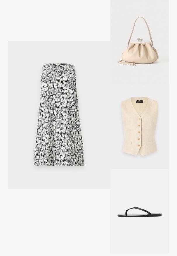 Beige ärmellose Leinenweste mit fünf Holzknöpfen vorne und zwei kleinen Fronttaschen, taillierte Passform mit V-Ausschnitt.; Ärmelloses schwarz-weißes Kleid mit Blumen- und Blattmuster, trägerloses Design und A-Linien-Silhouette.; Schwarze Flip-Flops mit minimalistischer Gestaltung, ausgestattet mit dünnen Riemen und einer flachen Sohle. Das Material wirkt plastisch mit einer glatten Oberfläche.; Beige weiche Lederhandtasche mit silbernem Metallrahmenverschluss, einem Schulterriemen und einem optionalen Kettenriemen auf weißem Hintergrund.