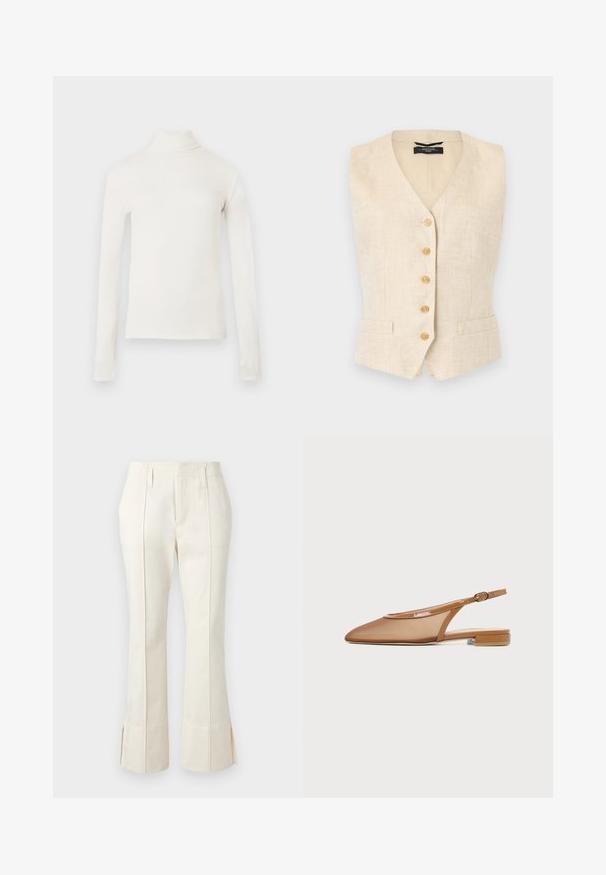 Veste sans manches en lin beige avec cinq boutons en bois sur le devant et deux petites poches avant, coupe ajustée avec col en V.; Top à col roulé à manches longues en blanc cassé, confectionné dans un tissu doux. Présente une coupe ajustée et un col montant. Texture lisse sans motifs.; Pantalon crème sur mesure avec plis sur le devant, passants de ceinture et fentes discrètes aux larges bas de jambes.; Chaussure plate à bride arrière marron avec bout pointu, fine bride avec boucle et petit talon bloc sur fond blanc.