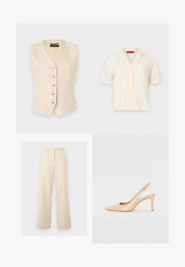 Veste sans manches en lin beige avec cinq boutons en bois sur le devant et deux petites poches avant, coupe ajustée avec col en V.; Blouse crème à manches courtes en dentelle avec motif floral, boutonnée sur le devant et col ouvert.; Pantalon beige taille haute à jambes larges avec passants pour ceinture et détails de coutures, présenté à plat sur un fond gris clair.; Escarpin slingback en cuir verni nude avec un bout pointu, un décolleté ouvert et un talon aiguille fin. Comprend un accent doré circulaire sur la sangle.